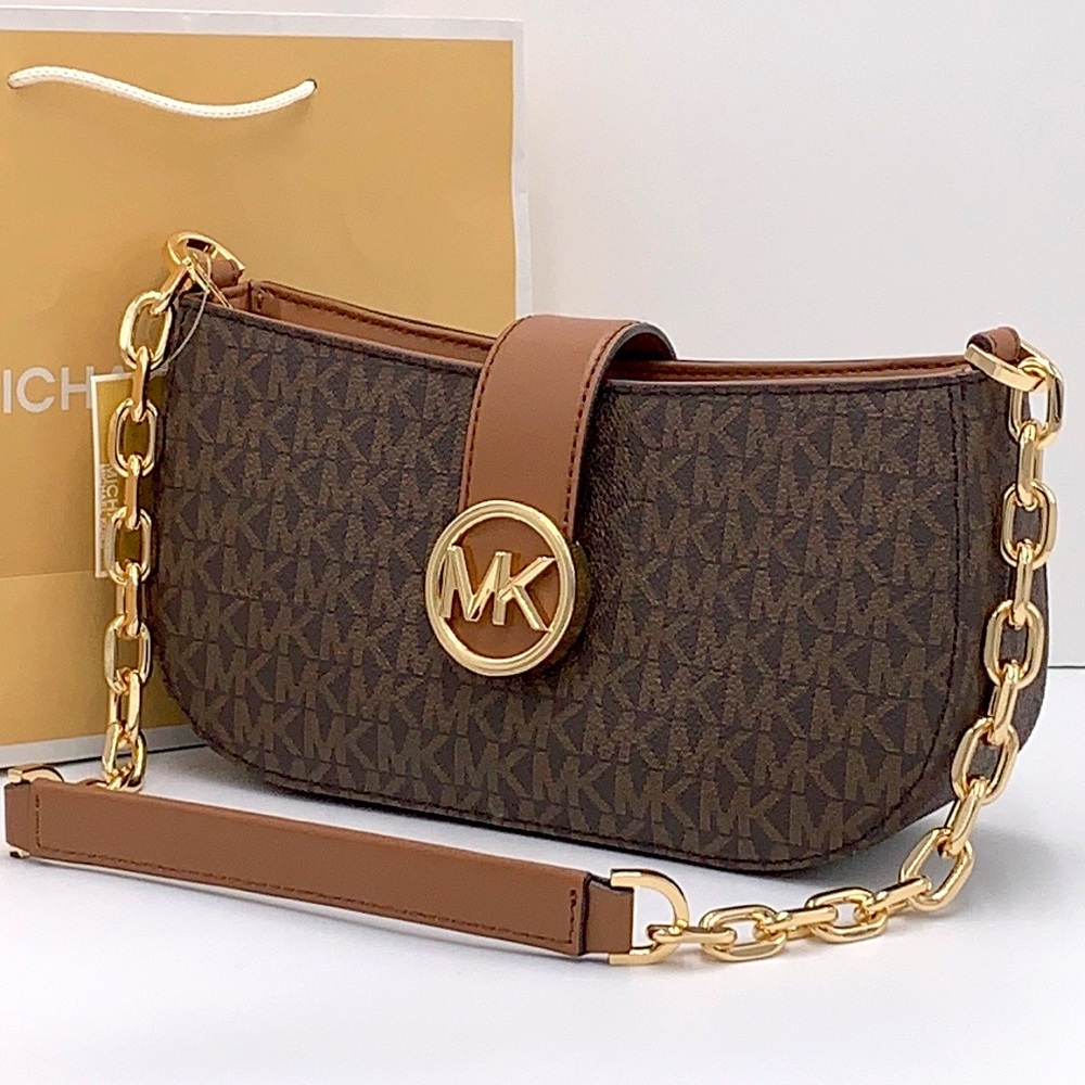 MICHAEL KORS
Carmen Small Shoulder
Pochette Bag
Brown signature color 
NWT